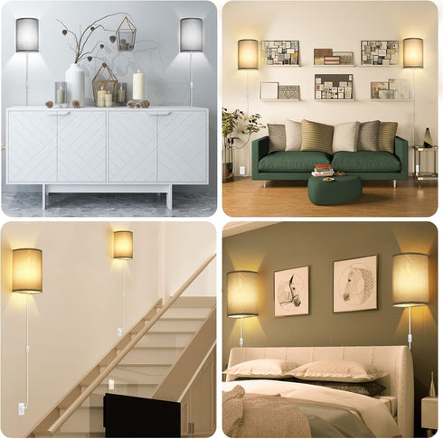 Set 3 Wall Sconces of Two, Fabric Shades Plug in Wall Sconces, Color Temperature Switching Modern Wall Light Fixtures