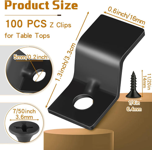 Ferraycle 100 Sets Table Top Fasteners with Screws Metal Z Clips for Table Tops Black Heavy Duty Z Table Top Connectors Solid Steel with 100 Black Screws for Desk Top Furniture by Ferraycle