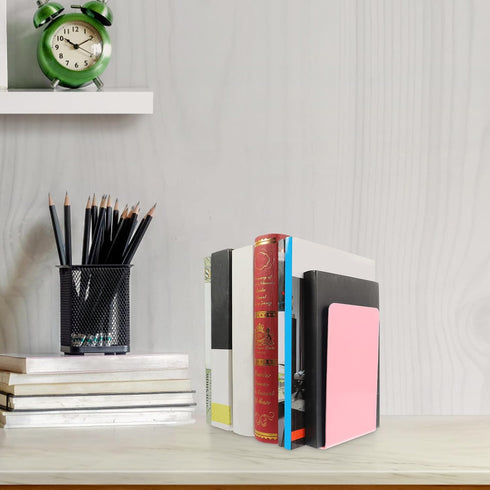 SHINEOFI 2Pcs Pink Plastic Bookends Desk File Book Holders Decorative Reading and Study Book Stands for Office and Home