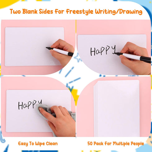 Set of 50 Small White Board Dry Erase Boards, Mini 9"x6” Double Sided Personal Whiteboards for Classroom