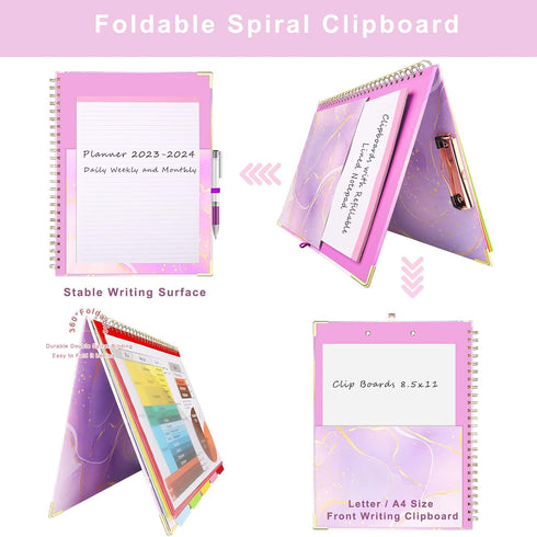 Spiral Clipboard Folio with Refillable Notepad, Cute Clipboard Folder with 5 Dividers and 10 Pockets for School Office