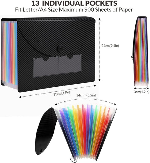 SKYDUE Accordion File Organizer, Expanding File Folder with 13 Pockets, Letter Size, Black, Portable Bill Receipt