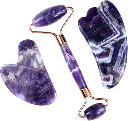 MUOBSBJRX Set 1 Amethyst Rough Stone Face Care Massage Tool Amethyst Roller Gua Sha Massage Natural Crystal Jade
