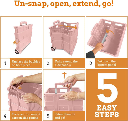 Inspired Living Medium Rolling Collapsible Storage Pack-N-Roll Utility Carts, Telescopic Handle, Raspberry Pink for