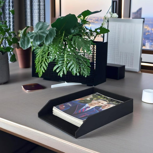 UnionBasic Stackable Document Paper Letter Tray, Faux Leather Desktop File Sorter Organizer Tray, Black by UnionBasic