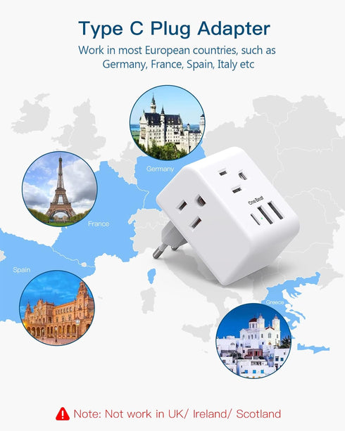 European Travel Plug Adapter with 3 Outlets, 3 USB Charging Ports (1 USB C) for Most Europe: Spain, Italy, France,