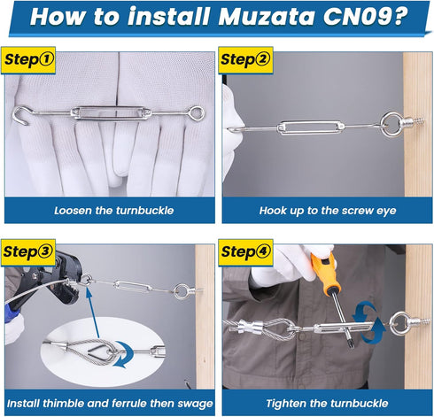 Muzata 10 Pack M4 Turnbuckle Hook and Eye Turnbuckles for Cable Wire, T304 Stainless Steel Heavy Duty Tensioner Kit
