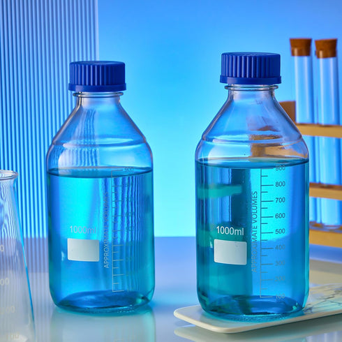 Irenare 8 Pieces Media Storage Bottles, 1000 ml Borosilicate Glass, Round Graduated with Blue GL45 Screw Cap