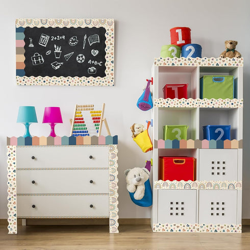 Boho Bulletin Board Borders Trim, Rainbow Polka Dots Paper Borders for Classroom Decorations, 59 FT Length
