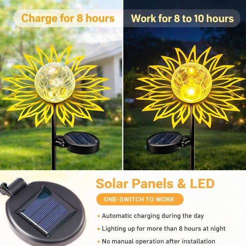 Solar Garden Lights Outdoor Decor, Metal Flower Stake Light with Warm White Crackle Glass Globe, Waterproof Decorative