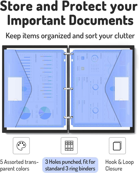 Forvencer Binder Pocket, 5 Pack Super Heavyweight Poly Binder Pocket with Hook and Loop Fasteners Closure, Binder Folders Side Loading, 3 Ring Binder Pocket, Letter Size, Assorted Colors