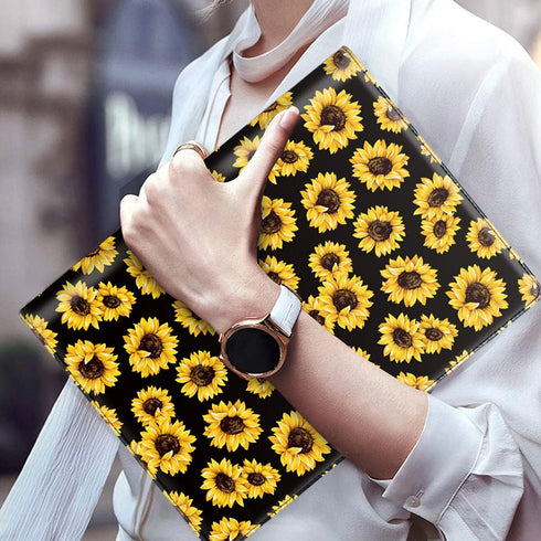 WAVEYU Cute Portfolio Case for Women, Padfolio Cover Folder with A4 Size Clipboard, Business Card Holders, Sunflower