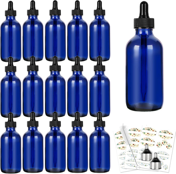 CycleMore 16 Pack (120 ml) 4 oz Blue Glass Boston Bottles with Glass Eye Droppers, Ideal for Essential Oils & Lab