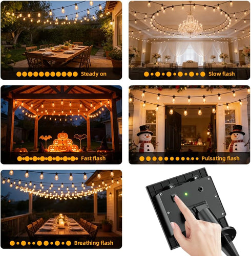 31FT IP65 15+1 ST38 Bulbs, Solar String Lights Outdoor Waterproof with USB-Charging , Solar Powered LED Patio Lights