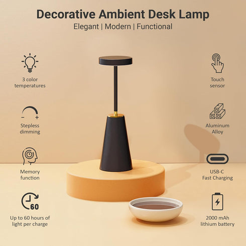 Dimmable 3 LED Wireless Table Light - USB-C Rechargeable Lamp Cordless - Touch Sensor - Portable - Brightness Modes
