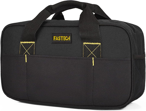 14 Inch Wide Mouth Tool Bag, Waterproof Organizer Tote Bag for Electricians, Double Fabric Storage (Black)