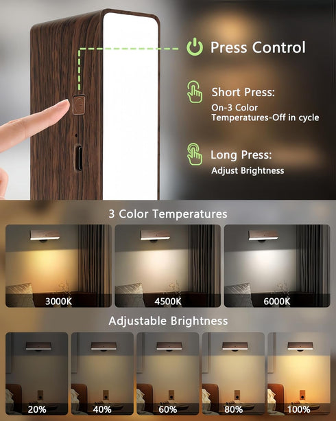 Set 2: 360 Battery Operated Wall Sconces of Wireless Rechargeable Wall Light with Remote&Button, Rotate Magnetic Scone