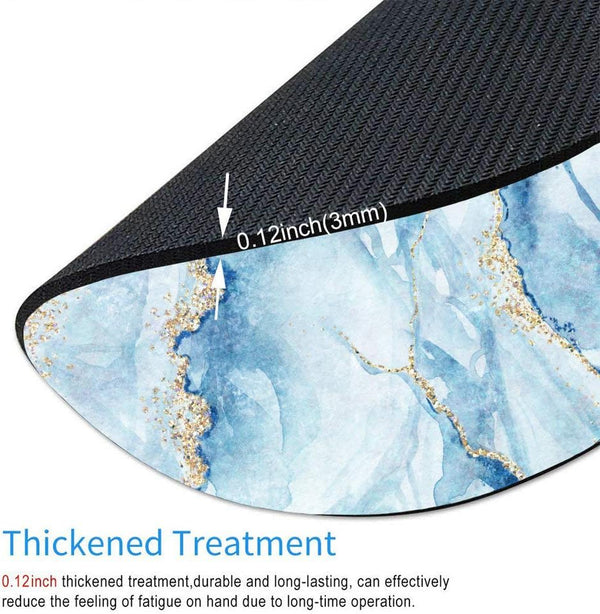 Round Mouse Pad with White Blue Marble and Gold Glitter Veins, Fake Stone Texture Print, Office Mousemat Accessory