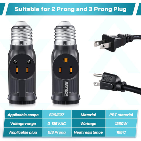 Feekoon 2 Pcs 3 Prong Light Socket Adapter, E26 Light Bulb Outlet Adapter, Polarized Light Socket to Plug Adapter, Light Bulb to 2/3 Prong Outlet Plug Splitter Converter for Garage Porch (Black)