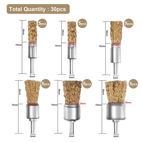 30pcs Set 1/4 Inch Shank,6 ATOPLEE Brass Coated Wire Brush Wheel & Cup Brush with Round Sizes Crimped Wire Brush Wheel