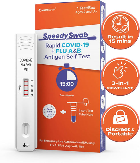3-in-1 15 (1 Pack) SpeedySwab COVID Test and Flu Test Combo - Rapid Antigen At-Home Kit, Flu A and B, OTC Nasal Swab