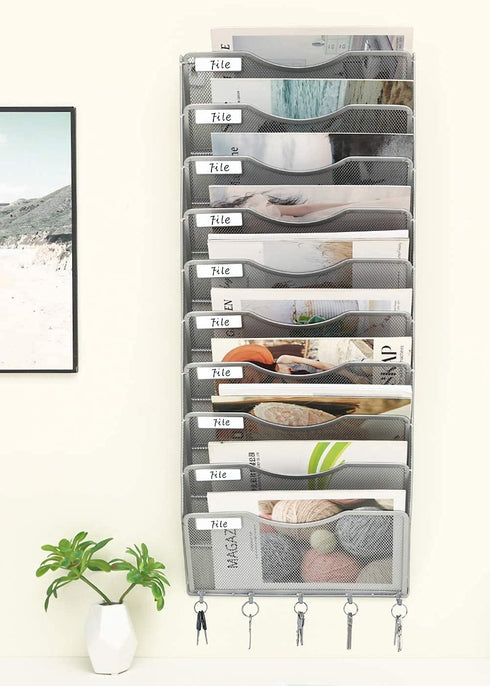 EasyPAG 10 Pocket Hanging File Organizer, Wall Mount Vertical File Holder with 5 Key Hooks, Silver for Office and