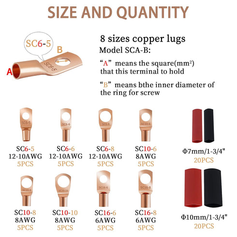 80 Pcs Copper Wire Lugs, Battery Terminal Connectors AWG 8 6 12/10 with Heat Shrink Set, 40 Pcs Heavy Duty Battery Cable Ends Ring Terminals Connectors with 40 Pcs Heat Shrink Tubing Assortment Kit