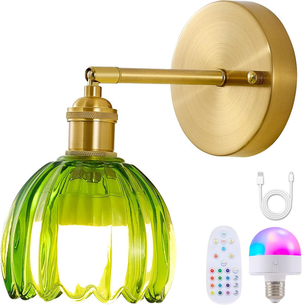 Vintage Battery Operated Wall Sconce 1 Pack, Green Tulip Glass Shade Gold
