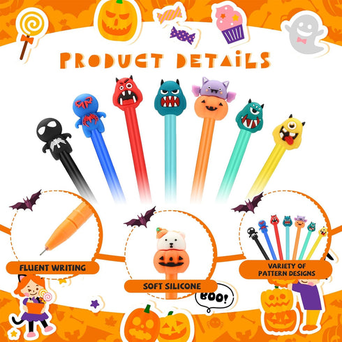 Yeaqee 120 Pieces Halloween Pens, Pumpkin Skull Bat Rollerball Gel Ink Pens for Student Stationery Supplies