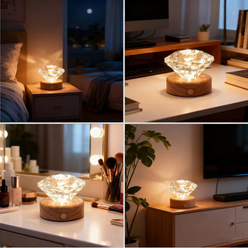 YumeGlint Diamond Shape Small Table Lamp with RGB Seven-Color Changing Night Light, Rechargeable & Solid Wood Base