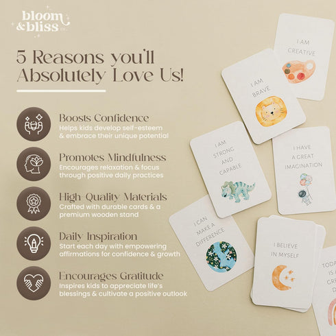 BLOOM AND BLISS CO. 50 Positive Affirmation Cards for Kids and Grandkids - Inspirational Cards with Display Stand