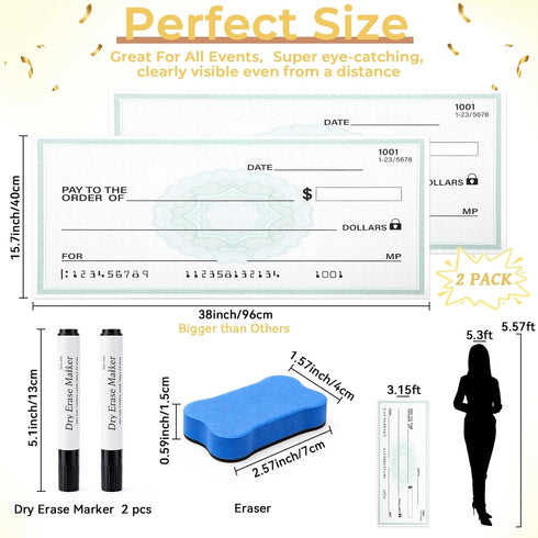 Zhehao 2 Pack 38 15.8 Inch Big Checks for Presentations Reusable x Large Dry Erase Giant Checks Giant Check Fake Check