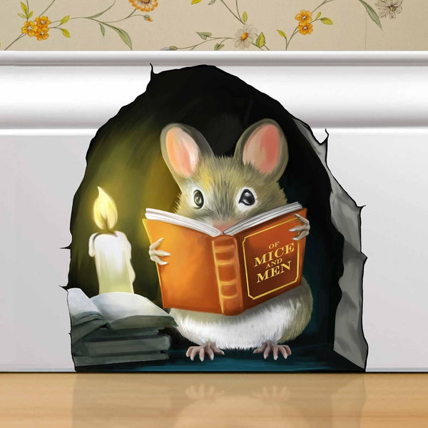 Mouse Reading Book Wall Decor Sticker Decal, Kids Room, Classroom, Home, Bedroom, Bookcase, Adorable Design