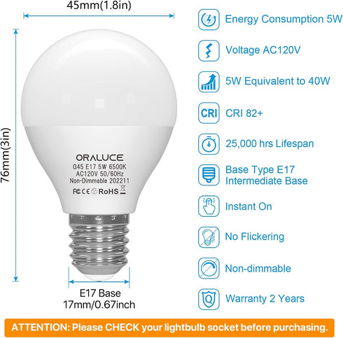 E17 Bulb 5 6500K, 40W A15/G45 Bulbs, 500 Non-Dimmable, 6 Pack ORALUCE LED Watts Cool White Equivalent Globe Ceiling Fan