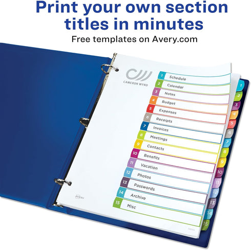 Avery Dividers for 3 Ring Binders - 15 Tabs per Set, Customizable Table of Contents, Multicolor Arched Tabs