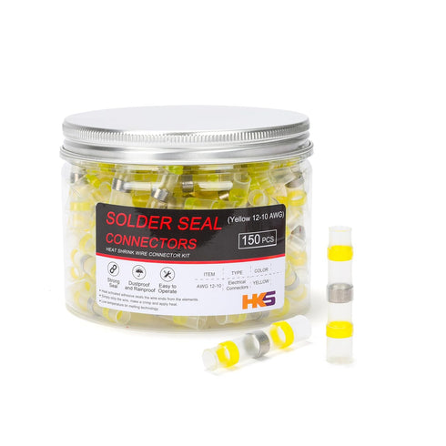 HKS 150 PCS Solder Seal Wire Connectors - Yellow 12-10 AWG Heat Shrink Solder Butt Connectors