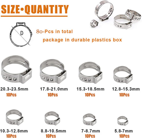 ISPINNER 80pcs 304 Stainless Steel Single Ear Stepless Hose Clamps, 5.8-23.5mm for Automotive Use