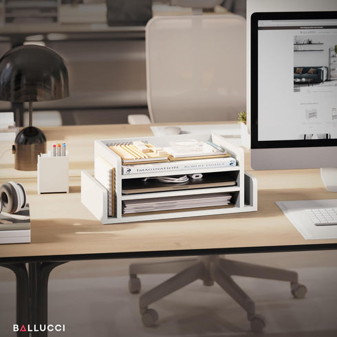 Ballucci 3-Tier Desk Organizer with 2 Side Mail Sorter Slots, Open Top Paper Organizer, Wood Letter Tray for Desktop