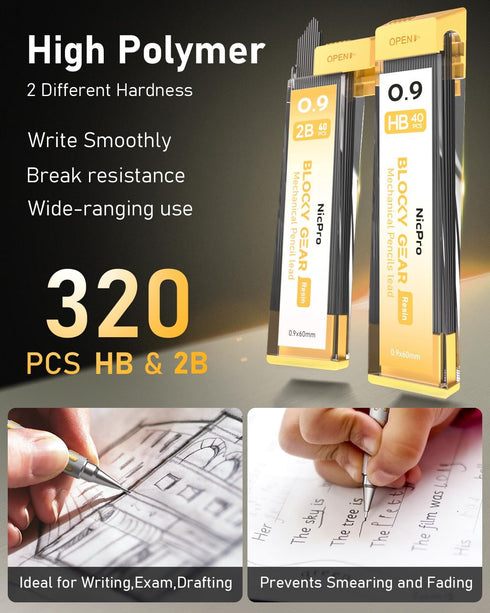 Nicpro Blocky Gear 0.9 mm Mechanical Pencils Set in Case, 3 Pack Metal Pencil 8 Tube with Lead Refills 0.9mm (HB 2B), 3 Erasers for Professional & Adult Art Writing Drafting Drawing by Nicpro