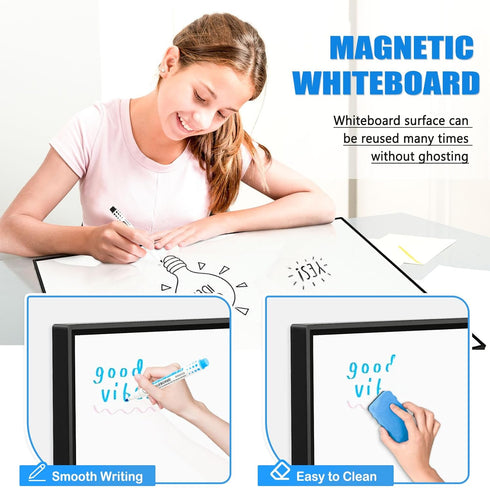 Magnetic Whiteboard - 24"x18" Black Aluminum Frame Dry Erase Board with 6 Magnets, 4 Markers & 1 Eraser