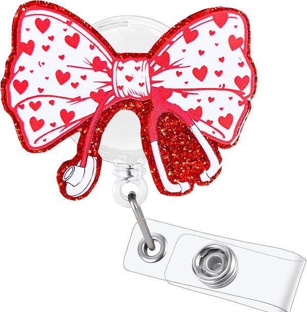 Valentines Red Heart Bow Stethoscope Badge Reel Retractable ID Name Badge Holder