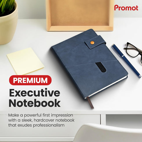 Promot PU Leather Notebook with Pen - A5 Lined Daily Journals for Writing Men Women, Executive Hardcover Notebook for Work, Travel Diary, Gift Idea, 200 Pages, Pocket, Bookmark, Strap, Storm Blue by Promot