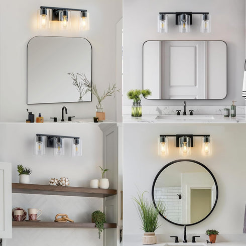 3 E26 WILON Vanity Light Bathroom, Light Black Modern Vanity Lights with Clear Glass Wall Sconces with Clear Glass