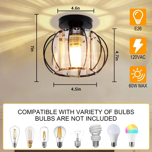 Industrial Black Semi Flush Mount Ceiling Light Fixture, Modern Close to Ceiling Light, Crystal Chandeliers Fixtures