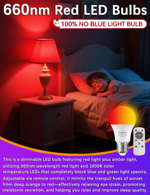 Bulb 660nm 1800K 10W A19 Bulb, E26 2Pack Red and Amber Sleep with Remote Control Choose Red Light or Amberlight,Timer