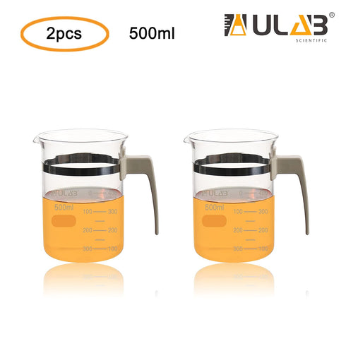 Glass Beaker with Handle, Vol. 500ml, 3.3 Borosilicate Griffin Low Form with Printed Graduation,Pack of 2, UBG1050