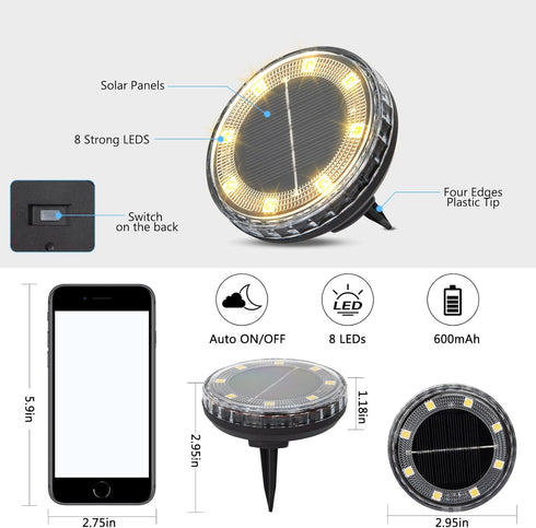 8 Pack 8 IP65 Solar Ground Lights Outdoor, LED Solar Disk Lights, Waterproof Long Lasting Flat Light for Garden Pathway