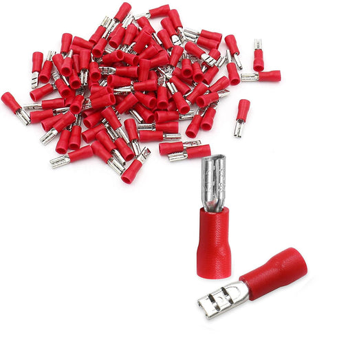 Baomain 0.11" Female Quick Disconnect Spade Terminals, Insulated Crimp Connectors 22-16 AWG, Red (100-Pack)