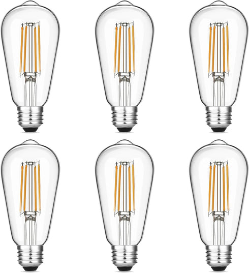 Vintage LED Edison Bulbs, 6W, 60W Equivalent, Warm White 2700K, ST58 Antique Filament, E26 Base, Dimmable, 6 Pack