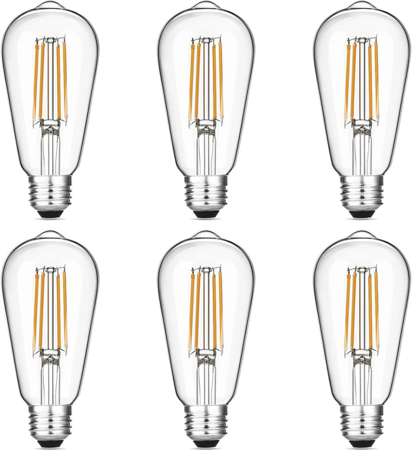 Vintage LED Edison Bulbs, 6W, 60W Equivalent, Warm White 2700K, ST58 Antique Filament, E26 Base, Dimmable, 6 Pack